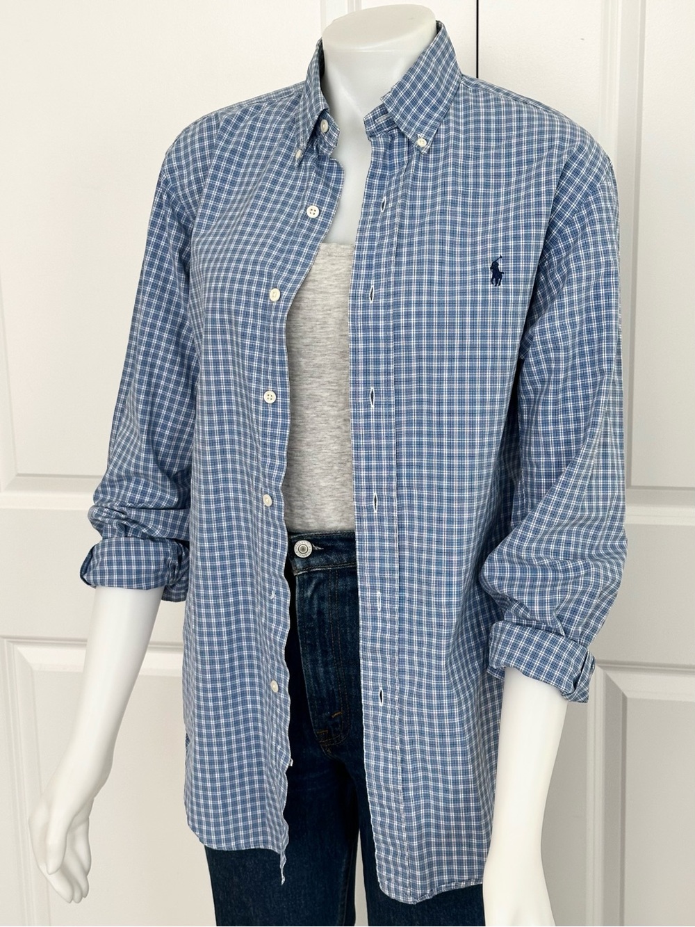 Ralph Lauren Oversized Menswear Blue & Navy Plaid Button Down Oxford Shirt